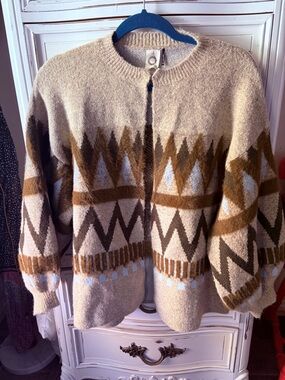 Anthropologie Neutral Geo-Pattern Women's Cardigan Sweater - Beige, Green & Blue